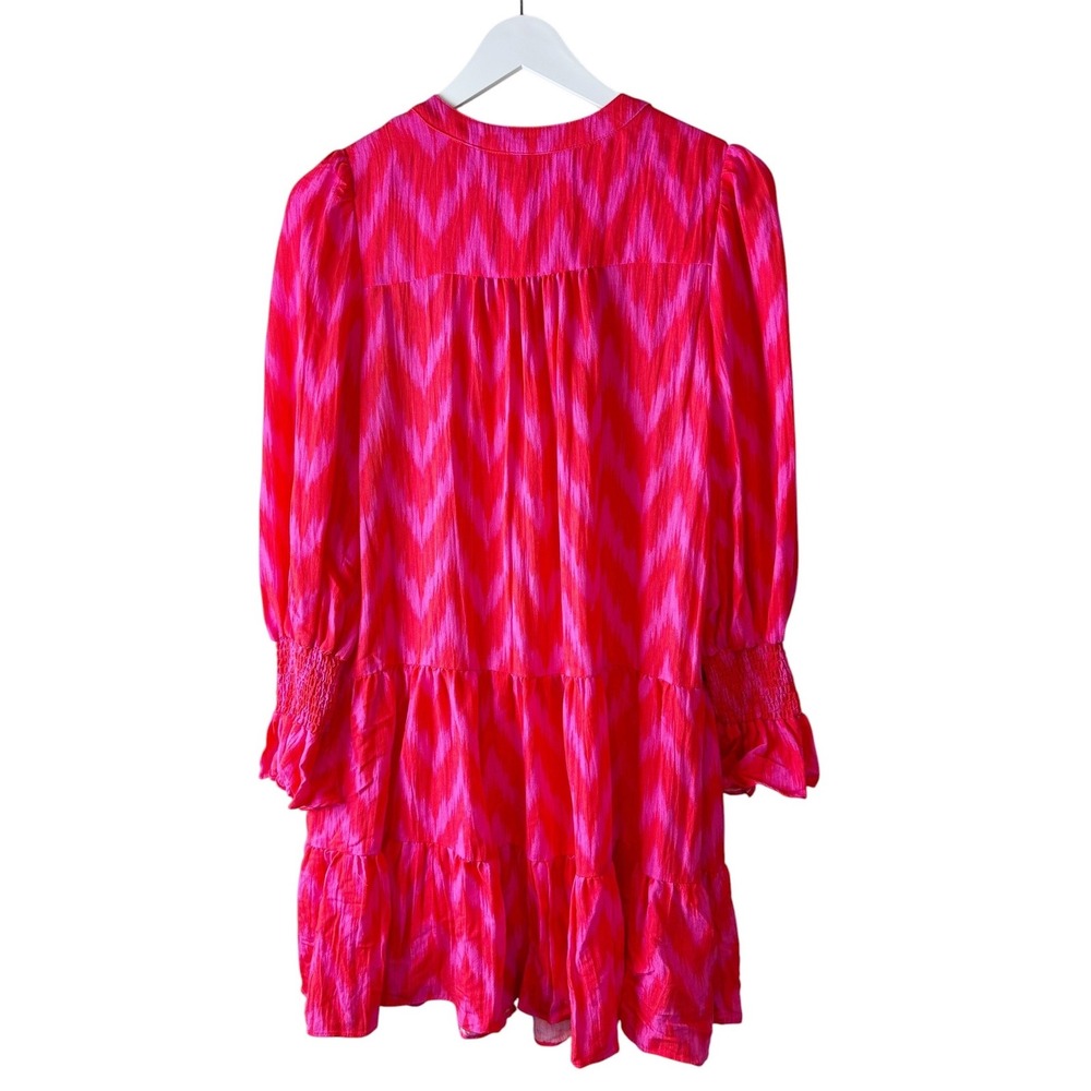 Pomander Place Pink Red Ikat Kenzo Tiered Mini Dress Smocked Cuff Womens M - Picture 7 of 7